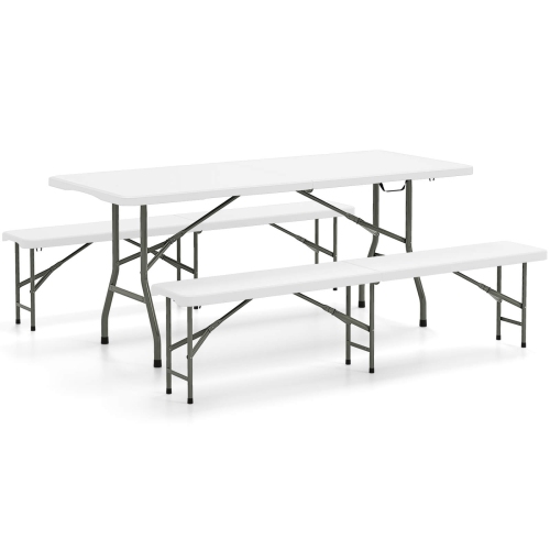 Gymax 3 PCS Folding Picnic Table Set w/ 6 ft Table & 2 Benches HDPE Tabletop Bench Top Coffee