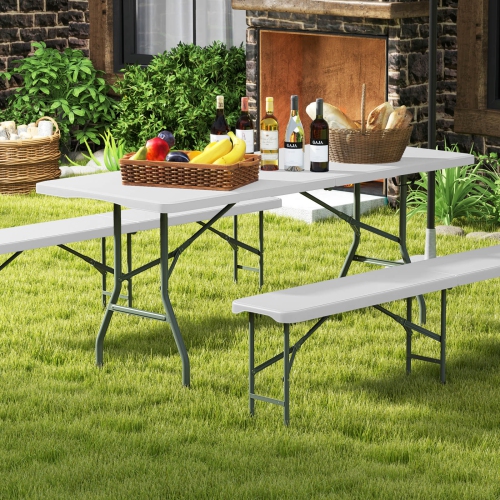 Gymax 3 PCS Folding Picnic Table Set w/ 6 ft Table & 2 Benches HDPE Tabletop Bench Top Coffee
