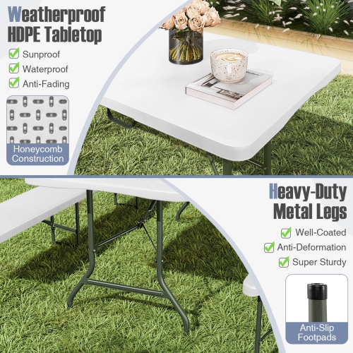 Gymax 3 PCS Folding Picnic Table Set w/ 6 ft Table & 2 Benches HDPE Tabletop Bench Top Coffee