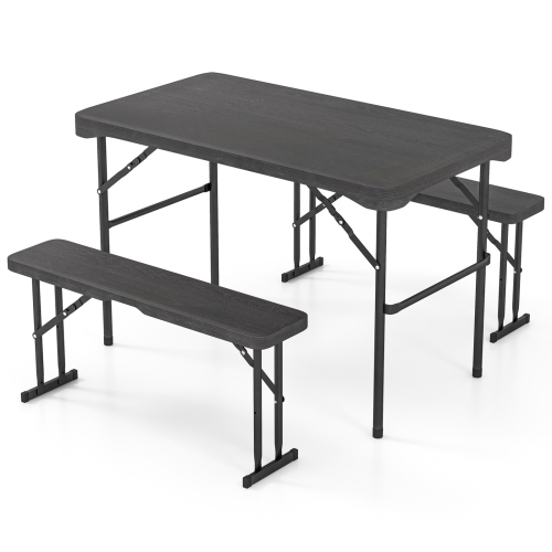 Gymax Outdoor Table Bench Set Folding Picnic Table Set w/ 2 Benches Sturdy Metal Frame