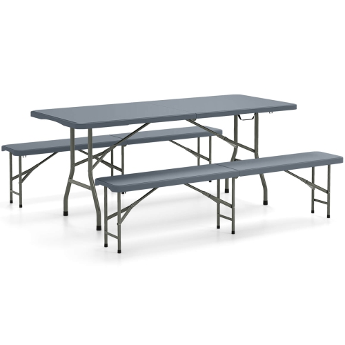 Gymax 3 PCS Folding Picnic Table Set w/ 6 ft Table & 2 Benches HDPE Tabletop Bench Top Gray
