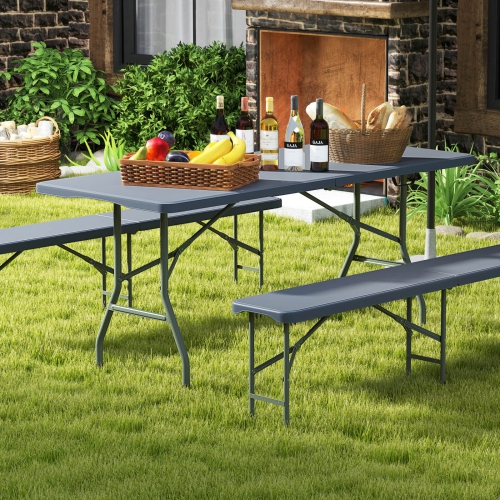 Gymax 3 PCS Folding Picnic Table Set w/ 6 ft Table & 2 Benches HDPE Tabletop Bench Top Gray