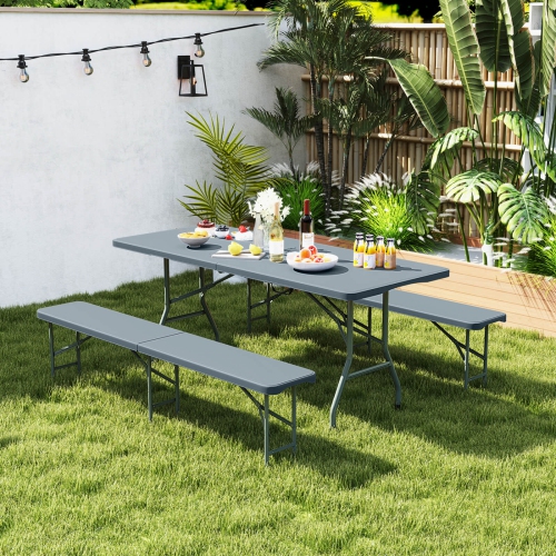 Gymax 3 PCS Folding Picnic Table Set w/ 6 ft Table & 2 Benches HDPE Tabletop Bench Top Gray