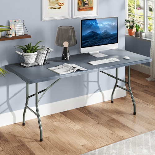 Gymax 3 PCS Folding Picnic Table Set w/ 6 ft Table & 2 Benches HDPE Tabletop Bench Top Gray