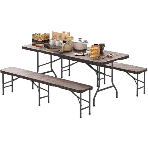 Gymax 3 Piece Folding Picnic Table Set w/ 6 ft Table & 2 Benches for Yard Camping