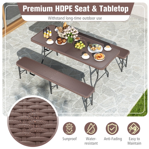 Gymax 3 Piece Folding Picnic Table Set w/ 6 ft Table & 2 Benches for Yard Camping