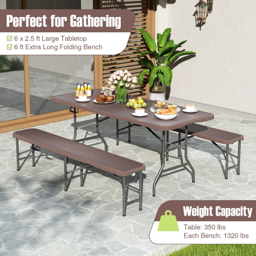 Gymax 3 Piece Folding Picnic Table Set w/ 6 ft Table & 2 Benches for Yard Camping
