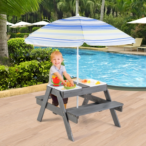 Gymax 4-in-1 Kids Picnic Table Set w/ 3 Removable Bins & Lids Foldable Umbrella