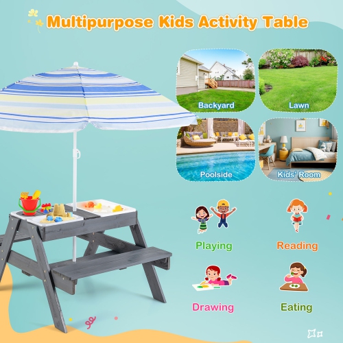 Gymax 4-in-1 Kids Picnic Table Set w/ 3 Removable Bins & Lids Foldable Umbrella