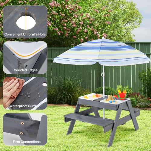 Gymax 4-in-1 Kids Picnic Table Set w/ 3 Removable Bins & Lids Foldable Umbrella