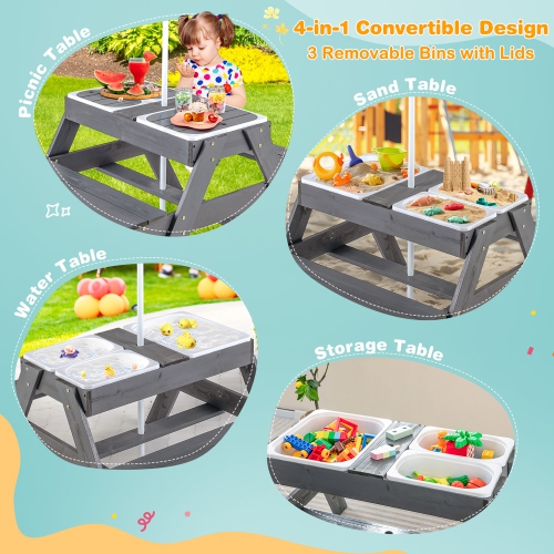 Gymax 4-in-1 Kids Picnic Table Set w/ 3 Removable Bins & Lids Foldable Umbrella