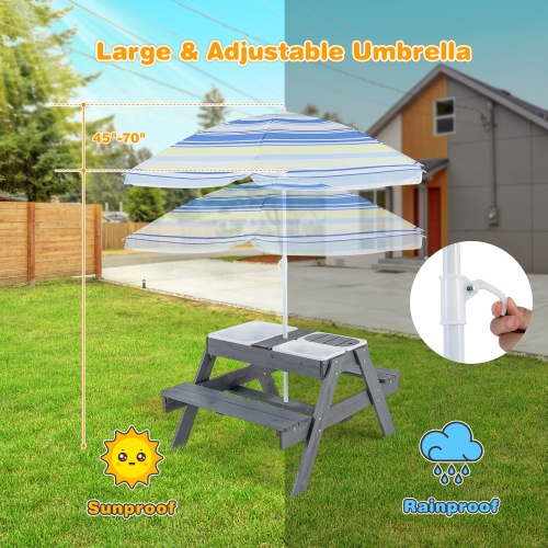 Gymax 4-in-1 Kids Picnic Table Set w/ 3 Removable Bins & Lids Foldable Umbrella