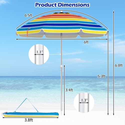 Gymax 6.5 FT Beach Umbrella UPF50+ Sun Protection Portable Sunshade Parasol for Sand