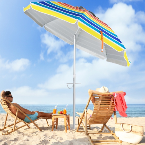 Gymax 6.5 FT Beach Umbrella UPF50+ Sun Protection Portable Sunshade Parasol for Sand
