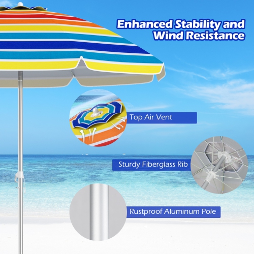 Gymax 6.5 FT Beach Umbrella UPF50+ Sun Protection Portable Sunshade Parasol for Sand