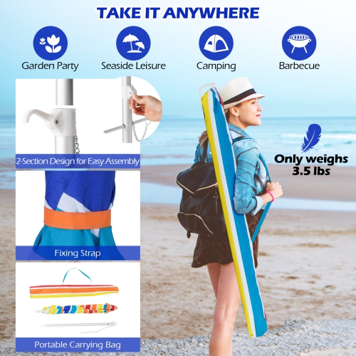 Gymax 6.5 FT Beach Umbrella UPF50+ Sun Protection Portable Sunshade Parasol for Sand