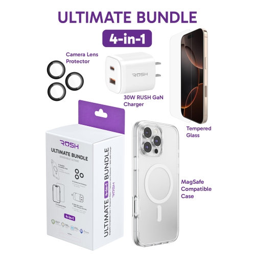 Rush Ultimate Bundle for iPhone 16 Pro | Ultra Clear MagSafe Case, Screen Protector, Camera Protector and 30W GAN iPhone fast Charger