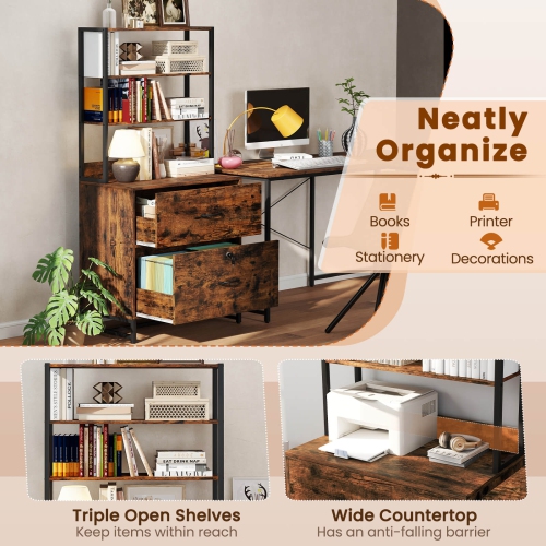 Costway 2 Drawer Vertical File Cabinet w/Lock & Bookshelf, Letter Size Filing Cabinet