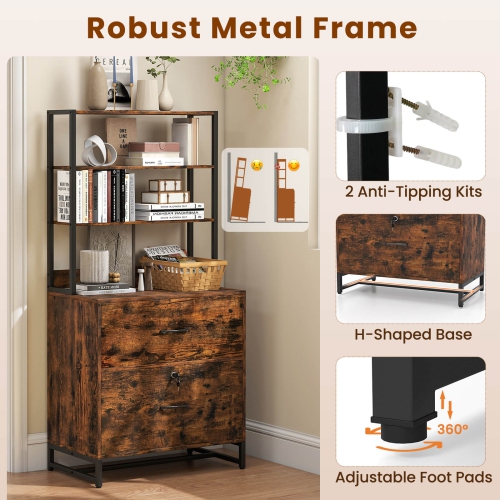 Costway 2 Drawer Vertical File Cabinet w/Lock & Bookshelf, Letter Size Filing Cabinet