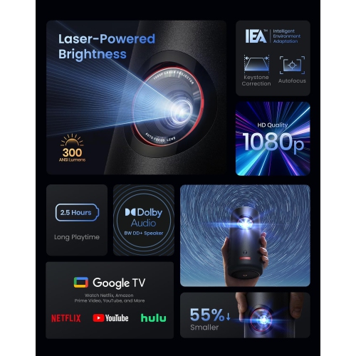 Projecteur laser Capsule 3 DE NEBULA avec Google TV, Netflix et haut-parleur intégré – Mini projecteur intelligent portatif avec Wi-Fi, Dolby