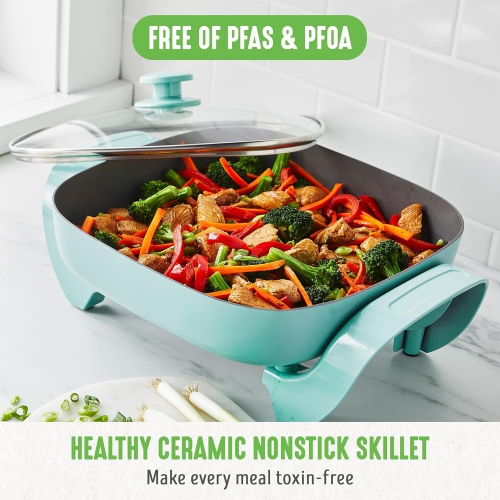 GreenLife 12" 5QT Square Electric Skillet, Glass Vented Lid, Ceramic PFAS-Free Nonstick Interior, Adjustable Temperature Control, Cool Touch Handles,