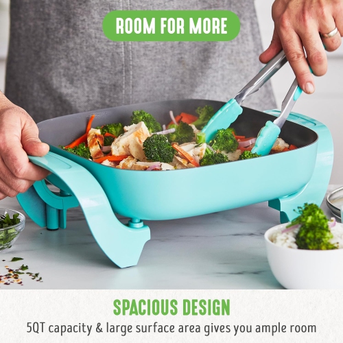 GreenLife 12" 5QT Square Electric Skillet, Glass Vented Lid, Ceramic PFAS-Free Nonstick Interior, Adjustable Temperature Control, Cool Touch Handles,