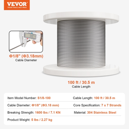 VEVOR 1/8" 100 ft Wire Rope Kit, 304 Stainless Steel Cable with 124 Accessories, 1600 lbs Breaking Strength, 7x7 Strands Construction Marine Aircraft