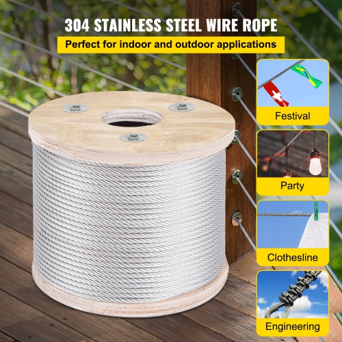 VEVOR 3/16" 250FT 304 Stainless Steel Cable , 3700 LBS Breaking Strength Cable Railing System Wire Rope Aircraft Deck Railing Kit Fence Wire