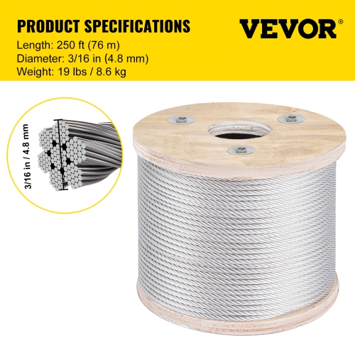 VEVOR 3/16" 250FT 304 Stainless Steel Cable , 3700 LBS Breaking Strength Cable Railing System Wire Rope Aircraft Deck Railing Kit Fence Wire