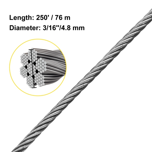 VEVOR 3/16" 250FT 304 Stainless Steel Cable , 3700 LBS Breaking Strength Cable Railing System Wire Rope Aircraft Deck Railing Kit Fence Wire