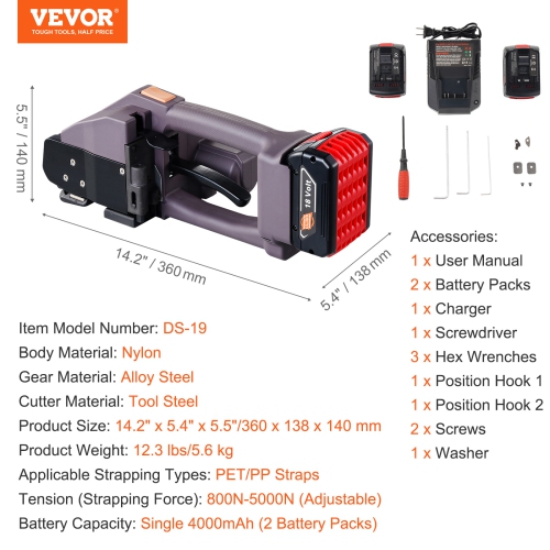 VEVOR Electric Strapping Machine, for 0.39"-0.75" PP PET Straps, Portable Electric Banding Tool with Digital Display, 2 x 4000mAh Battery Powered