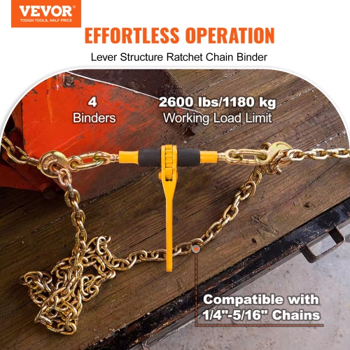 VEVOR 1/4"-5/16" Ratchet Chain Binders,2600 lbs Safe Working Load, 4 Pack Load Binder with 2 Grab Hooks, Tie Downs for Transport Chain, Heavy Duty