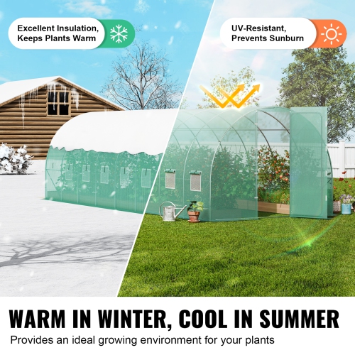 VEVOR 27.4x9.5x7.4&nbsp;pi, serre-tunnel de serre de la maison de cercles, maison chaude d'usine avec cadre en acier galvanisé, couvercle vert en