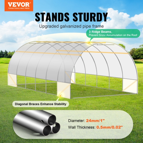 VEVOR 19.4x9.7x6.5 ft Walk-in Tunnel Greenhouse, Hoop House Greenhouse Tunnel, Plant Hot House with Galvanized Steel Frame, White PE Cover, Roll-up