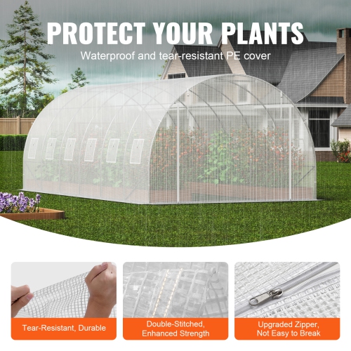 VEVOR 19.4x9.7x6.5 ft Walk-in Tunnel Greenhouse, Hoop House Greenhouse Tunnel, Plant Hot House with Galvanized Steel Frame, White PE Cover, Roll-up