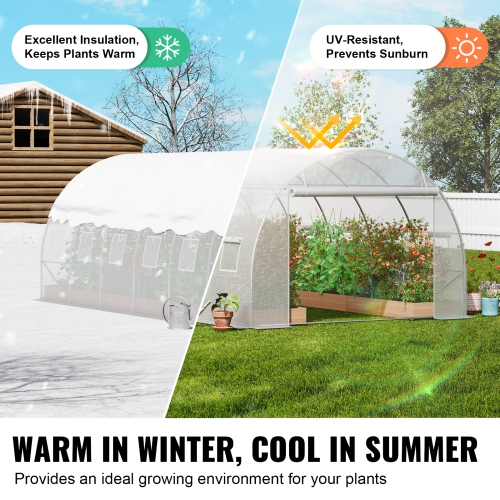 VEVOR 19.4x9.7x6.5 ft Walk-in Tunnel Greenhouse, Hoop House Greenhouse Tunnel, Plant Hot House with Galvanized Steel Frame, White PE Cover, Roll-up
