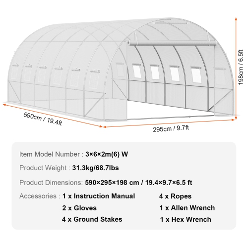 VEVOR 19.4x9.7x6.5 ft Walk-in Tunnel Greenhouse, Hoop House Greenhouse Tunnel, Plant Hot House with Galvanized Steel Frame, White PE Cover, Roll-up