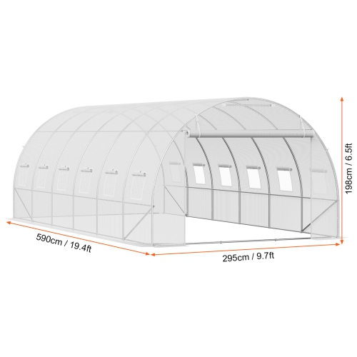 VEVOR 19.4x9.7x6.5 ft Walk-in Tunnel Greenhouse, Hoop House Greenhouse Tunnel, Plant Hot House with Galvanized Steel Frame, White PE Cover, Roll-up