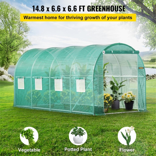 VEVOR 15 x 7 x 7 ft Walk-in Tunnel Greenhouse, Portable Plant Hot House with Galvanized Steel Hoops, 1 Top Beam, Diagonal Poles, Zippered Door & 8