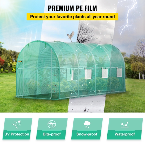 VEVOR 15 x 7 x 7 ft Walk-in Tunnel Greenhouse, Portable Plant Hot House with Galvanized Steel Hoops, 1 Top Beam, Diagonal Poles, Zippered Door & 8