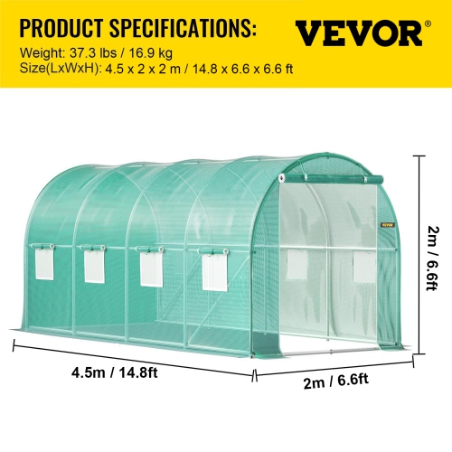 VEVOR 15 x 7 x 7 ft Walk-in Tunnel Greenhouse, Portable Plant Hot House with Galvanized Steel Hoops, 1 Top Beam, Diagonal Poles, Zippered Door & 8