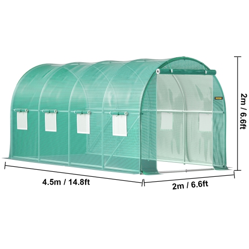 VEVOR 15 x 7 x 7 ft Walk-in Tunnel Greenhouse, Portable Plant Hot House with Galvanized Steel Hoops, 1 Top Beam, Diagonal Poles, Zippered Door & 8