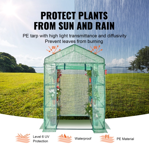 VEVOR 4,6 x 2,4 x 6.7 pi Maison verte, serre avec tablettes, installation en quelques minutes, revêtement en PE haute résistance avec portes et