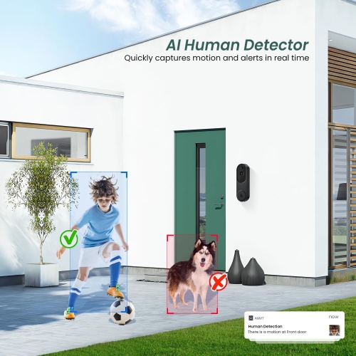 Wireless Video Doorbell Camera with Ring Tone AI Human Detection Two-Way Audio Battery Powered Indoor and Outdoor Monitoring