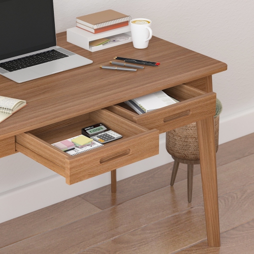 Famapy – Bureau de travail en noyer avec deux tiroirs, table moderne pour le bureau à domicile, brun foncé