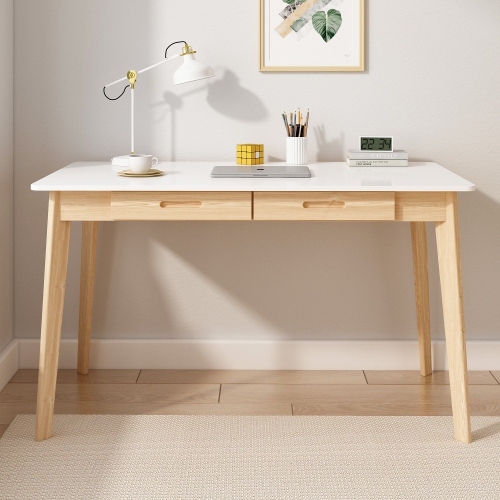 Famapy White Writing Desk with Two Drawers, Modern Home Office Table, White&Natural Wood Legs