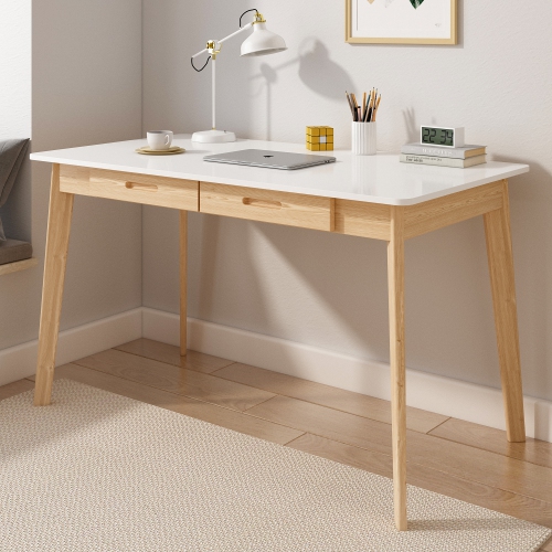 Famapy White Writing Desk with Two Drawers, Modern Home Office Table, White&Natural Wood Legs