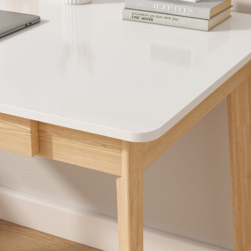 Famapy White Writing Desk with Two Drawers, Modern Home Office Table, White&Natural Wood Legs