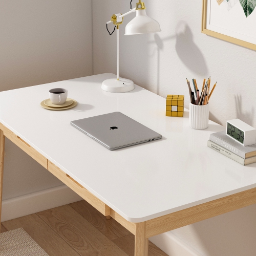 Famapy White Writing Desk with Two Drawers, Modern Home Office Table, White&Natural Wood Legs