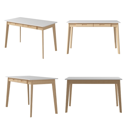 Famapy White Writing Desk with Two Drawers, Modern Home Office Table, White&Natural Wood Legs